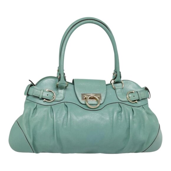 Salvatore Ferragamo Gancini Shoulder Bag Leather Gold Light green Auth 91277 - Picture 1 of 15